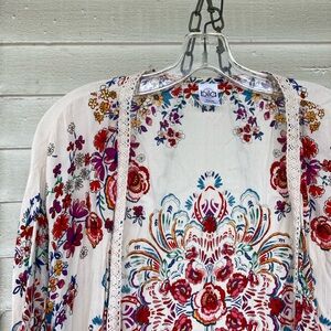 Bila White Open Kimono with Multicolor Floral Embroidery
